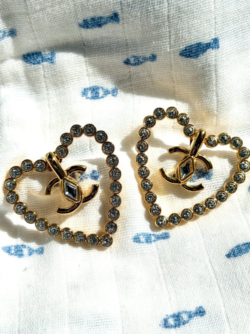 Authentic Chanel CC Heart Cut Out Stud Earrings Metal with Crystals COA